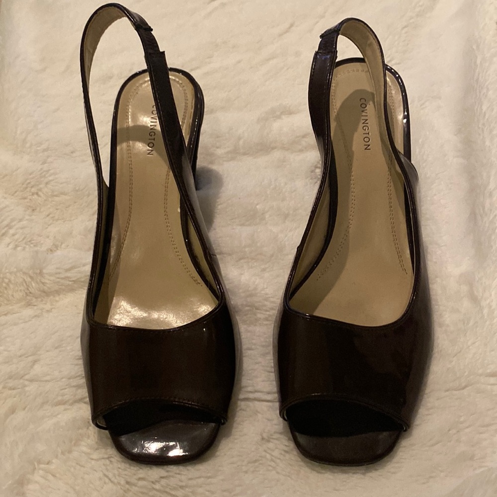 Covington brown elastic sling back 3.5 inch heels shiny open toe pump style